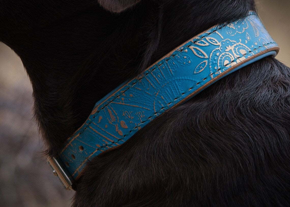 Geprägtes Lederhalsband 38-42cm - türkis-gold