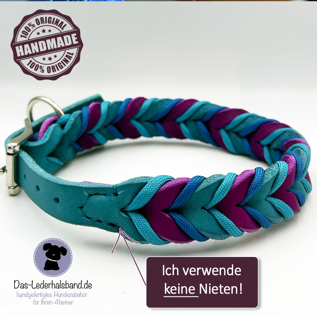 Fettlederhalsband mit Paracord dunkelblau-mint | Deluxe Edition