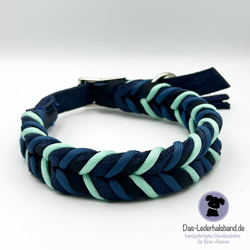 Fettlederhalsband mit Paracord dunkelblau-mint