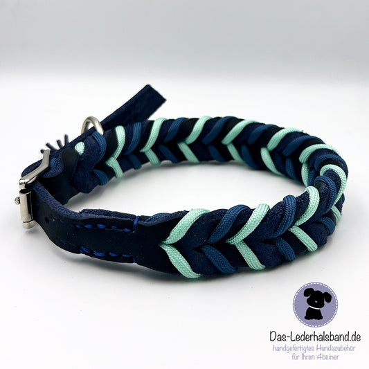 Fettlederhalsband mit Paracord dunkelblau-mint | Deluxe Edition
