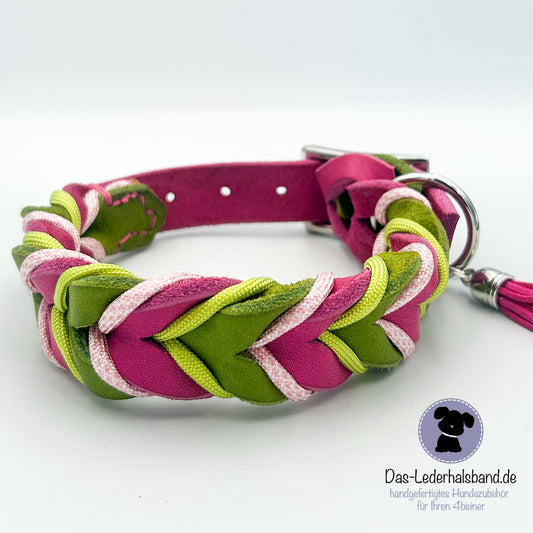 Fettlederhalsband Pink-Kiwigrün mit Paracord | Deluxe Edition