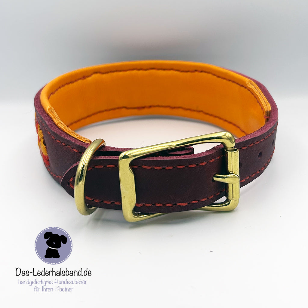 Fettlederhalsband mit Aufflechtung "Herbst" in Bordeaux