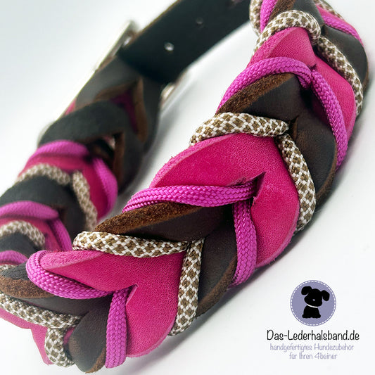 Fettlederhalsband mit Paracord in schoko-pink | Deluxe Edition