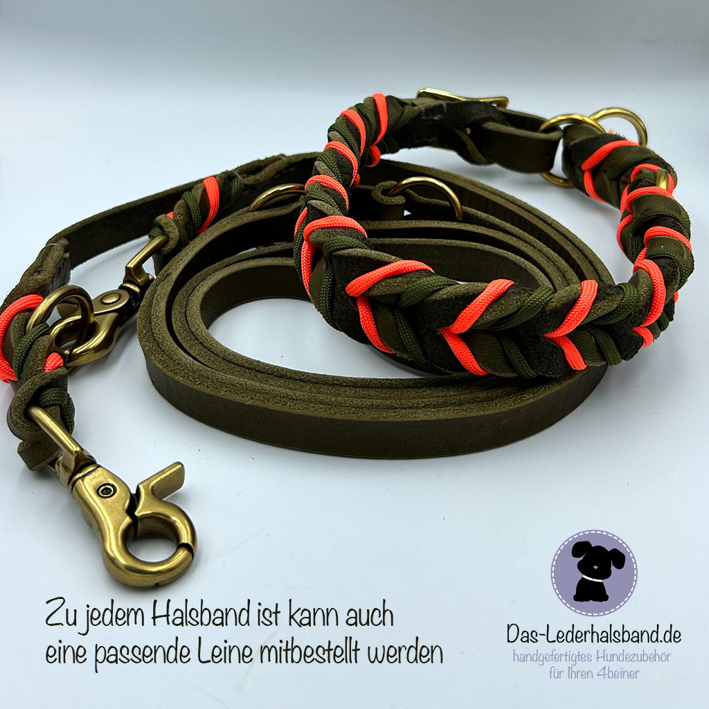 Fettlederhalsband mit Paracord rostrot-orange | Deluxe Edition