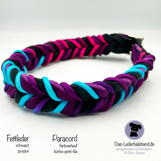 Fettlederhalsband mit Paracord in schwarz-purpur | Deluxe Edition