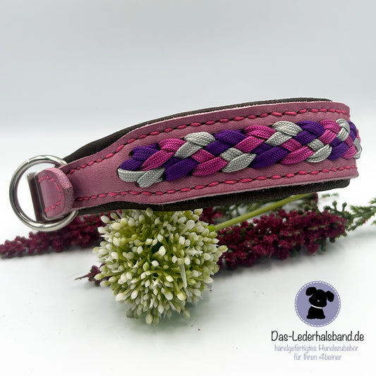 Fettlederhalsband mit Aufflechtung "Malve-Lila"