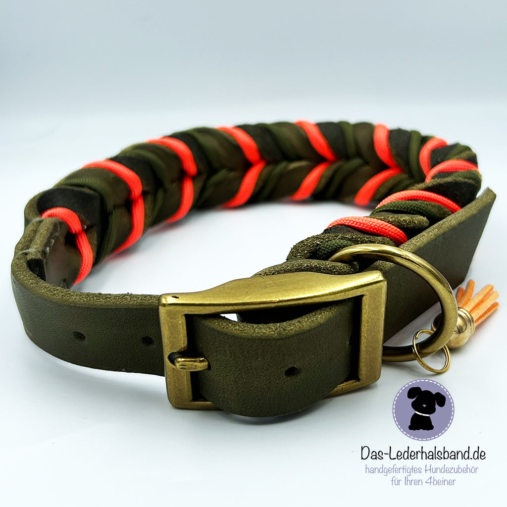 Fettlederhalsband mit Paracord oliv-neon orange | Deluxe Edition