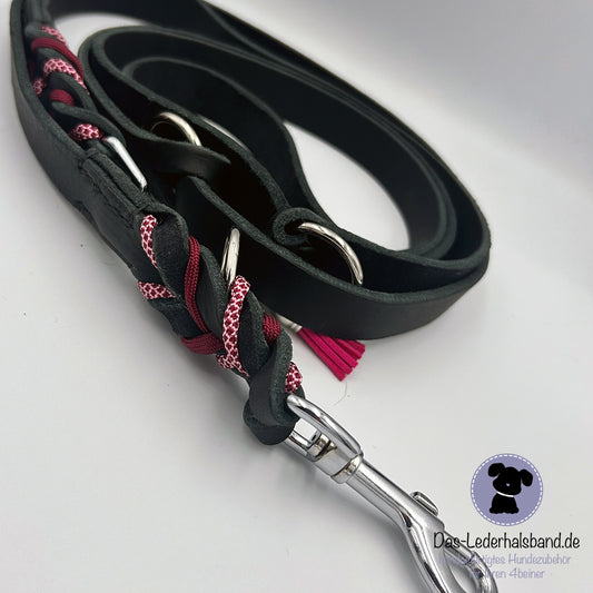 Fettlederleine - Hundeleine - in schwarz-pink | Deluxe Edition - 2,40m lang
