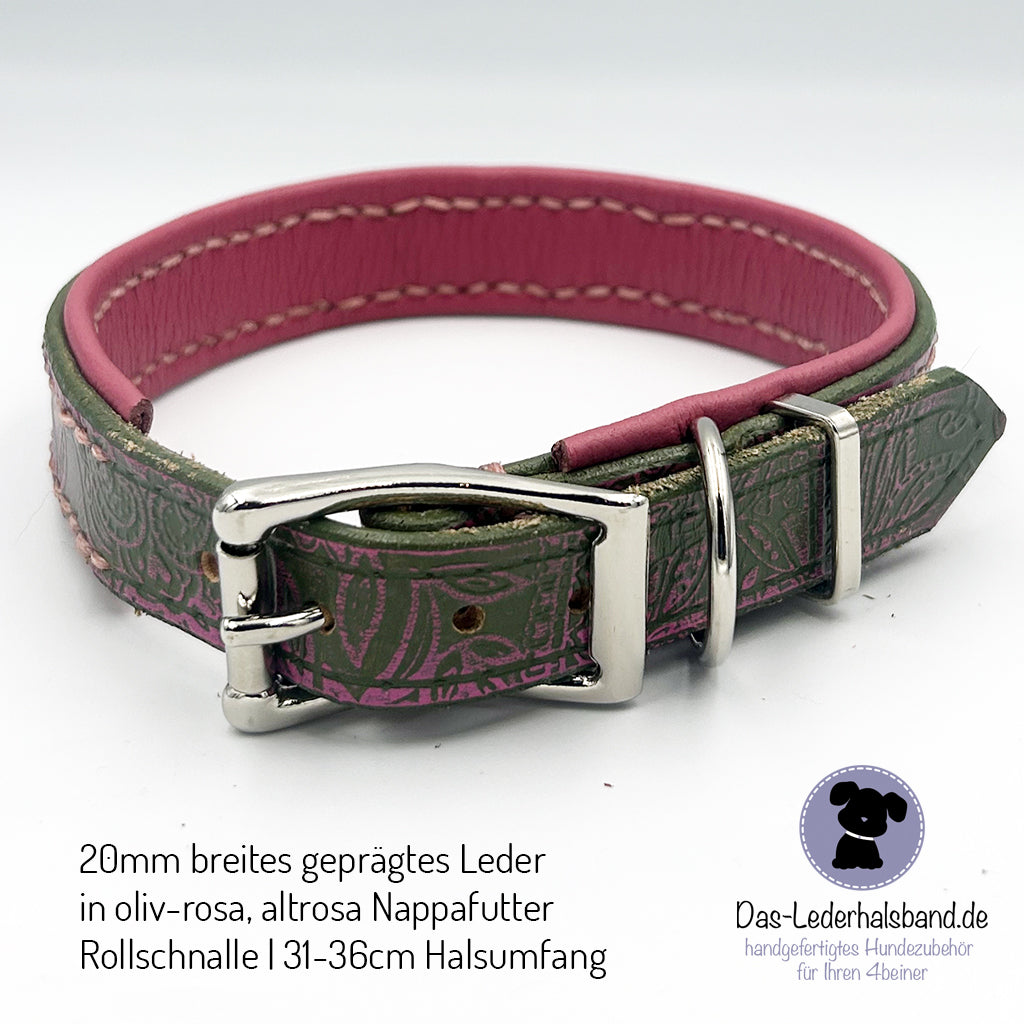 Sofortkauf: Geprägtes Lederhalsband "Paisley" 31-36cm - Oliv-rosa