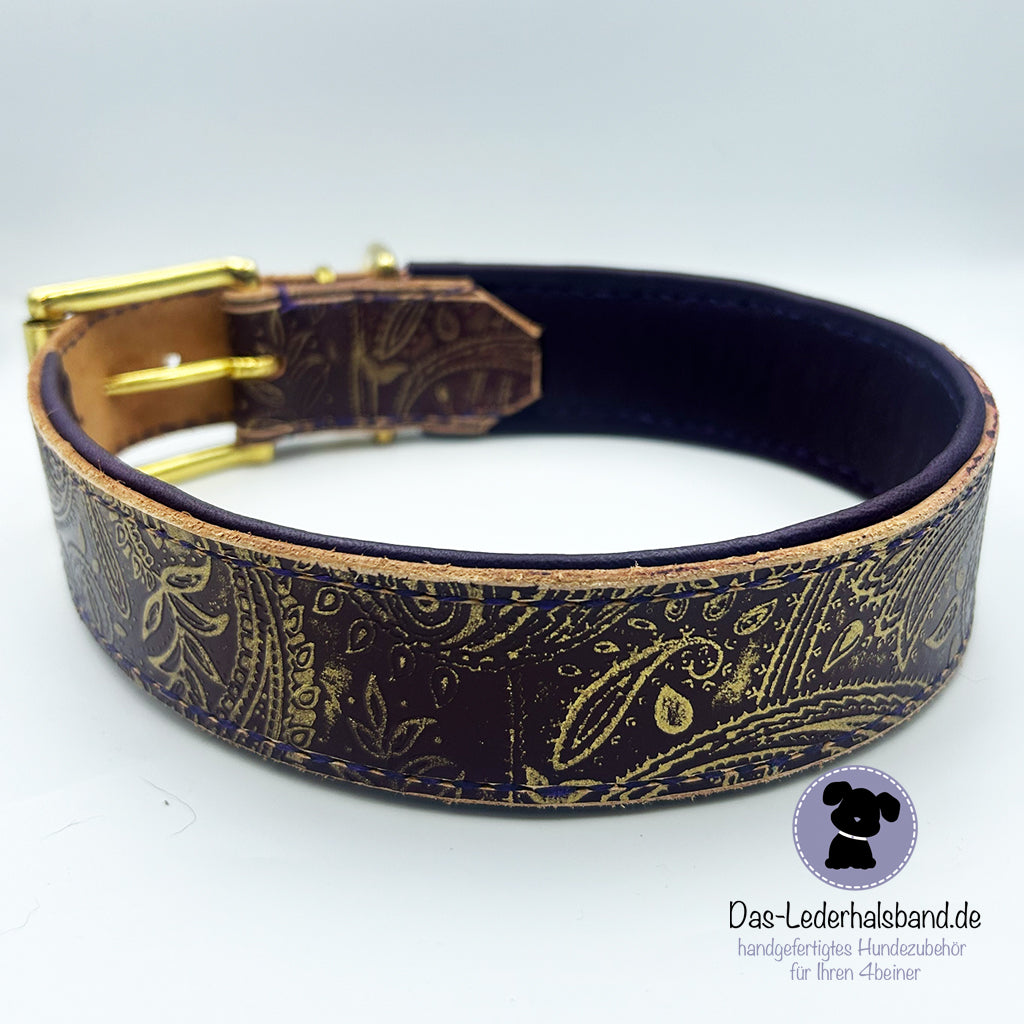 Lederhalsband "Paisley" in aubergine-gold - kleine Hunde