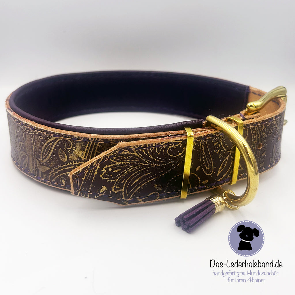 Lederhalsband "Paisley" in aubergine-gold - kleine Hunde