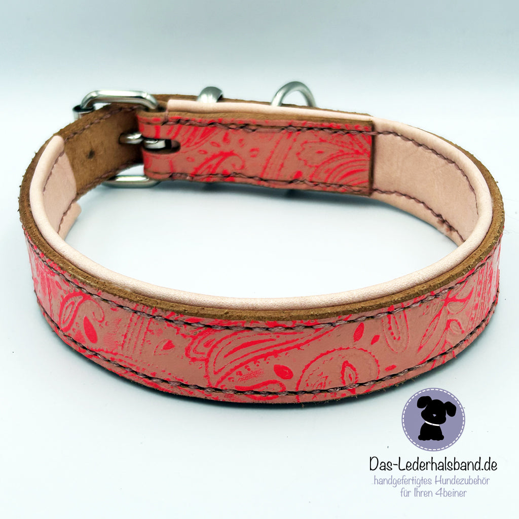 Geprägtes Lederhalsband 43-49cm - rosa-neonpink