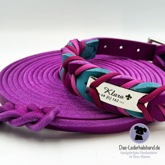 Fettlederhalsband mit Paracord Purpur-Türkis | Deluxe Edition