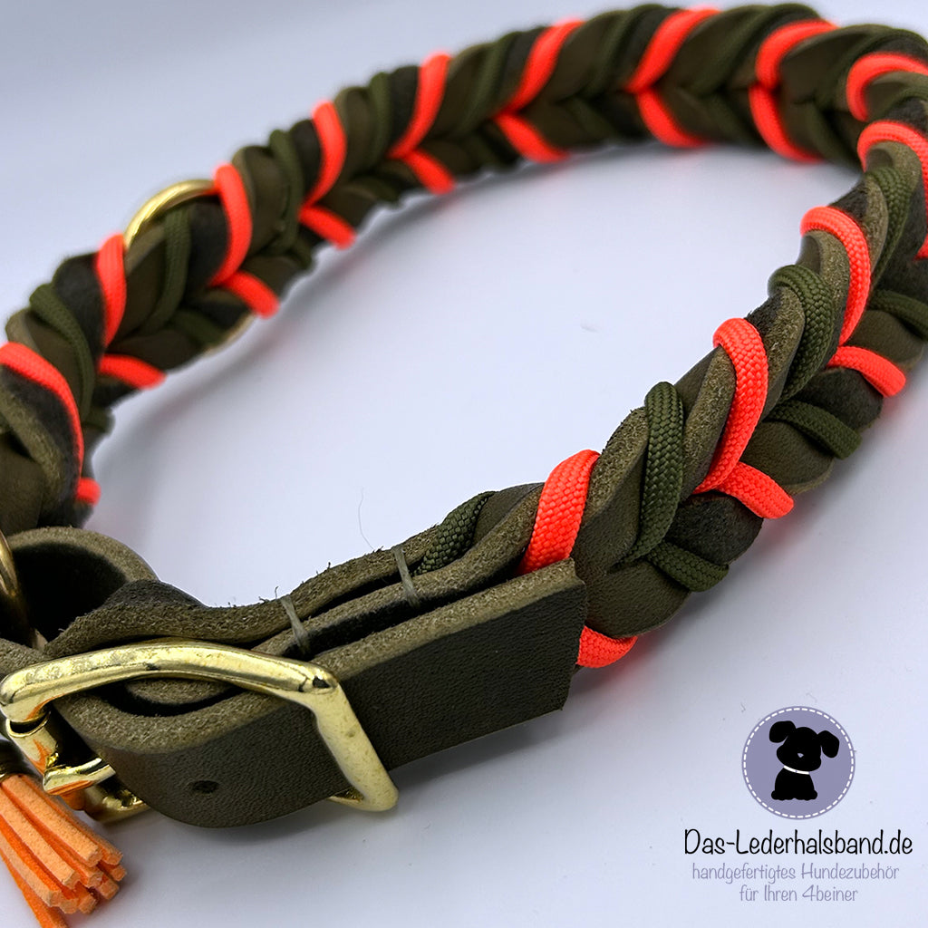 Fettlederhalsband mit Paracord oliv-neon orange | Deluxe Edition