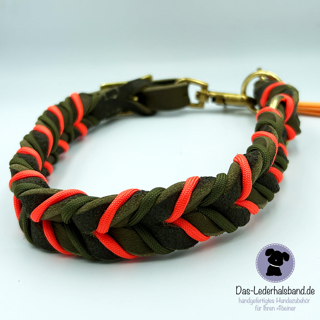 Fettlederhalsband mit Paracord oliv-neon orange | Deluxe Edition
