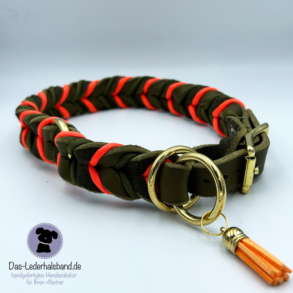 Fettlederhalsband mit Paracord oliv-neon orange | Deluxe Edition