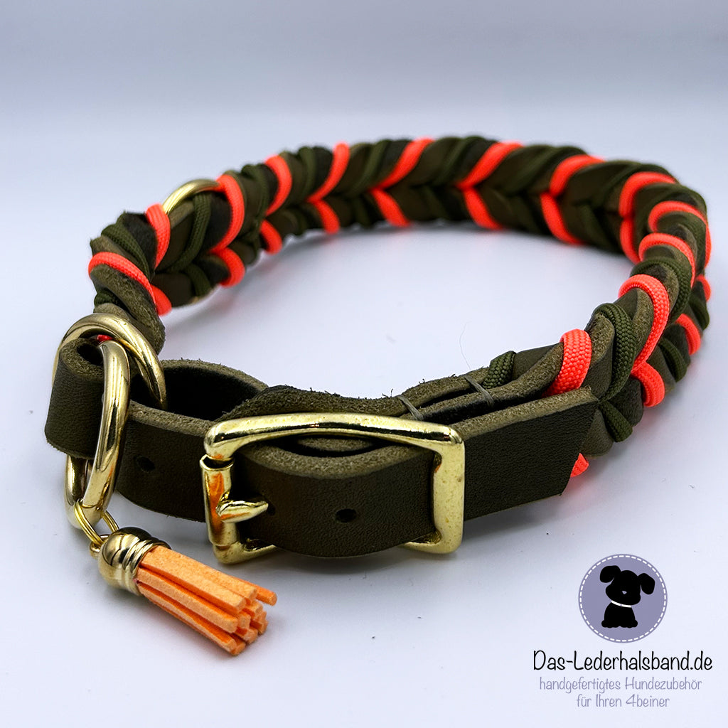 Fettlederhalsband mit Paracord oliv-neon orange | Deluxe Edition
