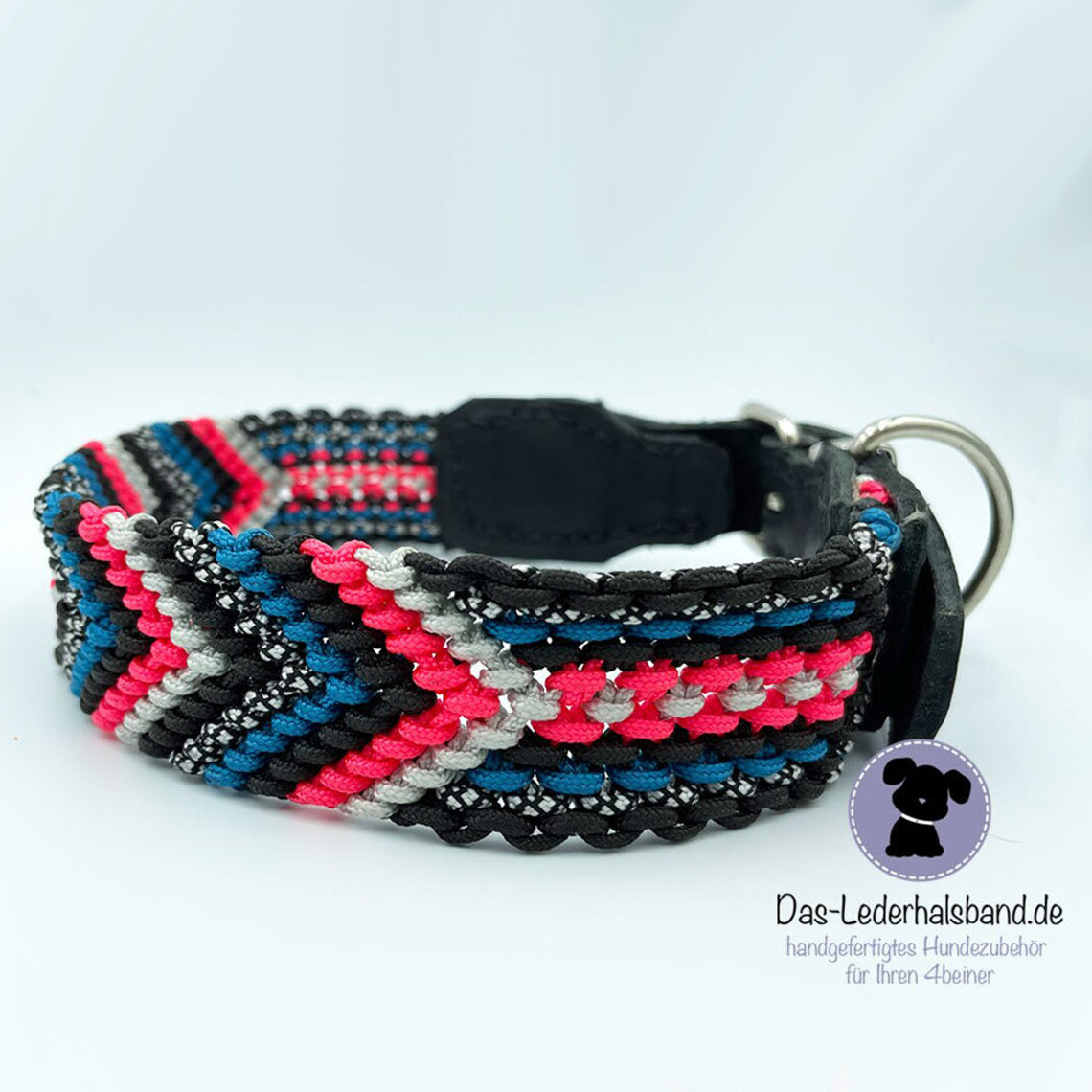 Geknüpftes Paracord-Halsband mit Leder - 40mm schwarz-türkis-pink - 41-47cm