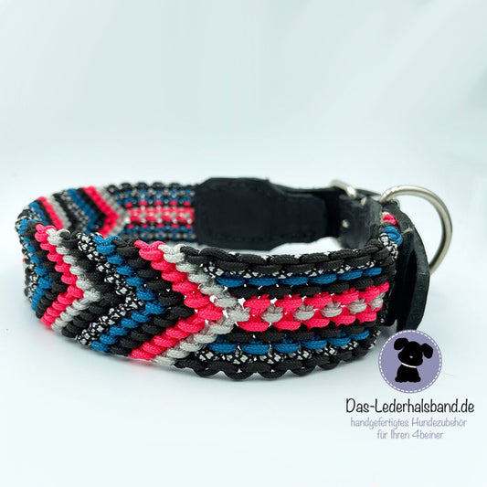 Geknüpftes Paracord-Halsband mit Leder - 40mm schwarz-türkis-pink - 41-47cm