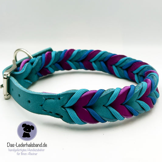 Fettlederhalsband mit Paracord Türkis-Purpur | Deluxe Edition