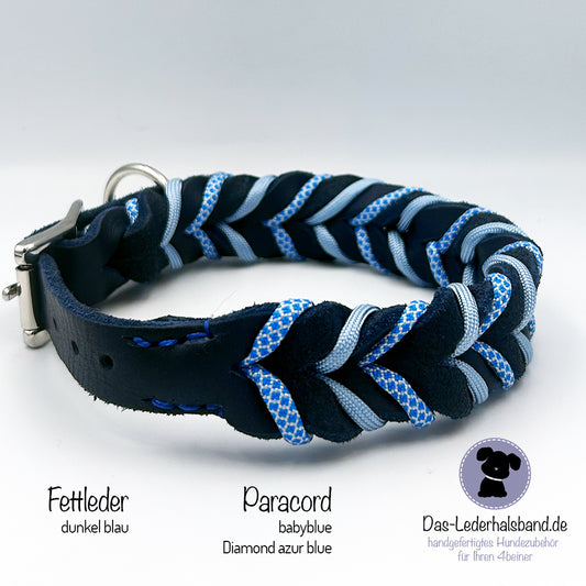 Fettlederhalsband mit Paracord Dunkelblau-Babyblau | Deluxe Edition