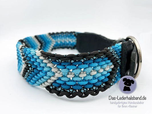 Geknüpftes Paracord-Halsband mit Leder - 40mm schwarz-türkis - 43-49cm