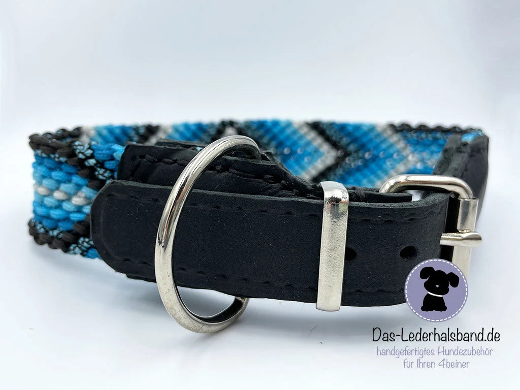 Geknüpftes Paracord-Halsband mit Leder - 40mm schwarz-türkis - 43-49cm