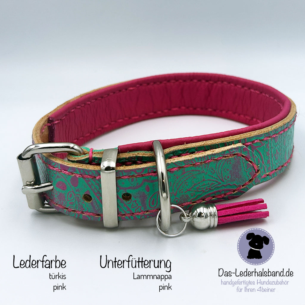 Lederhalsband "Paisley" in türkis-pink - kleine Hunde