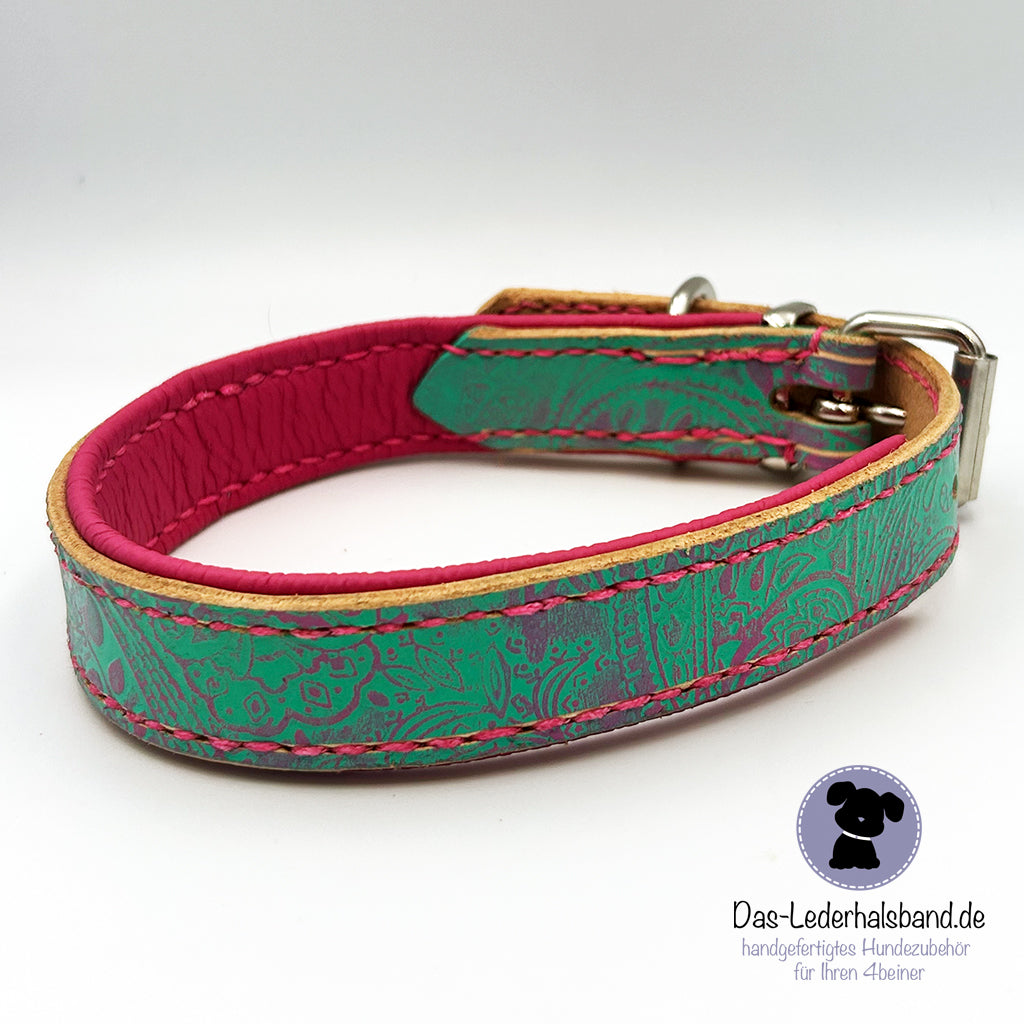 Lederhalsband "Paisley" in türkis-pink - kleine Hunde