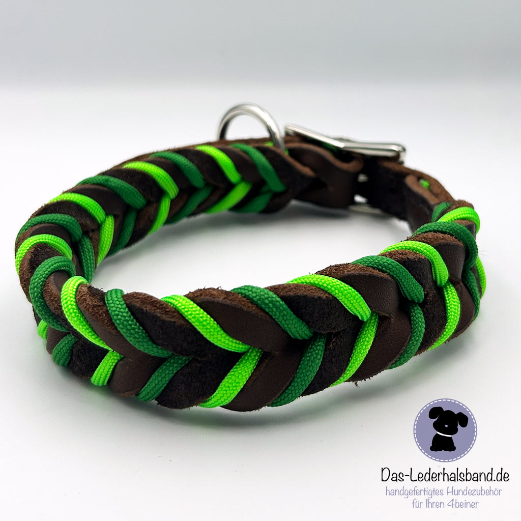 Fettlederhalsband mit Paracord schoko-grün