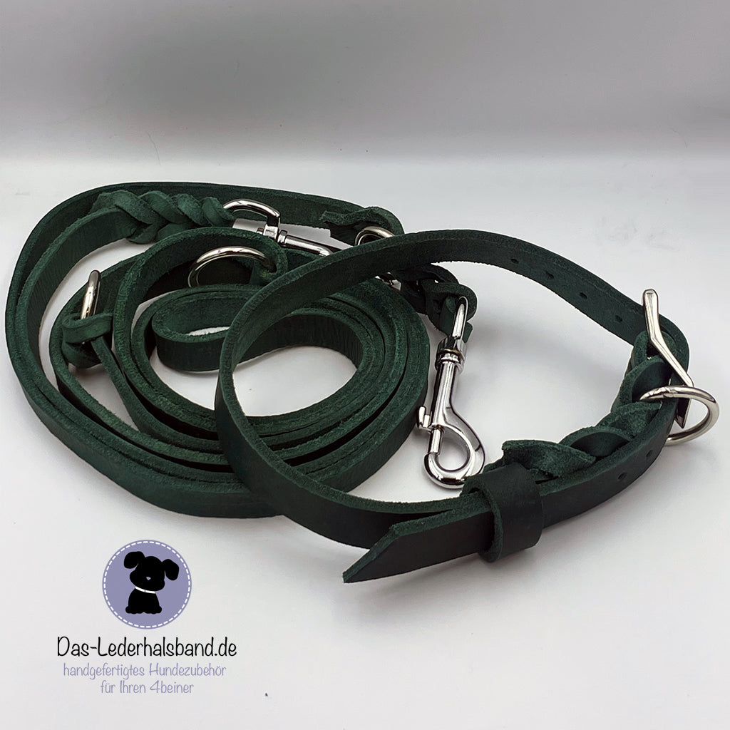 Set | Fettlederhalsband mit Leine PURE in dunkelgruen   das-lederhalsband.com