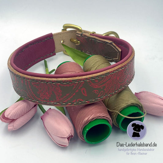 Unikat - geprägtes Lederhalsband 41-44cm - taupe-rosa