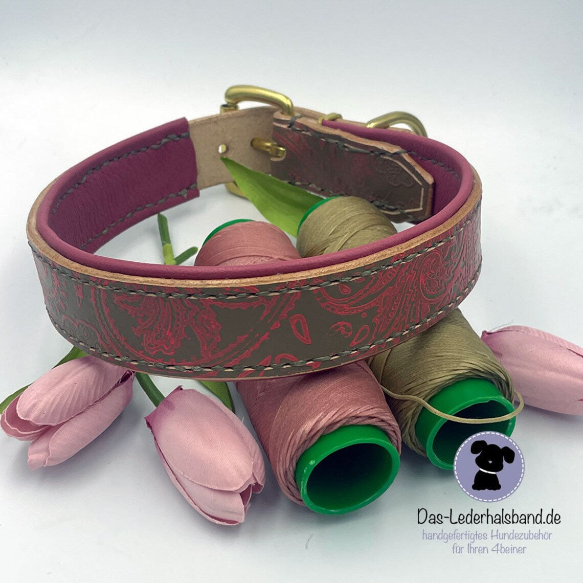 Unikat - geprägtes Lederhalsband 46-50cm - taupe-rosa