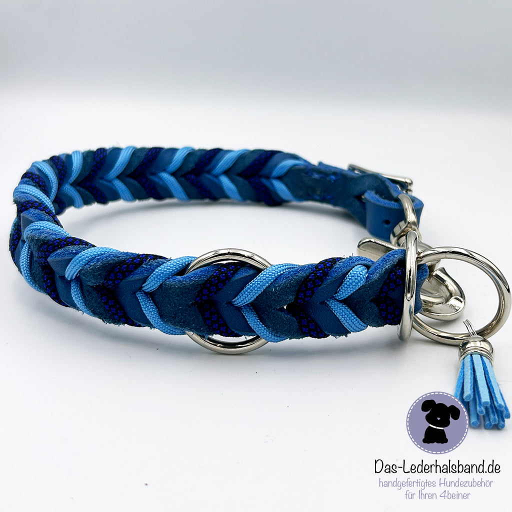 Fettlederhalsband mit Paracord Azurblau-dunkelblau | Deluxe Edition