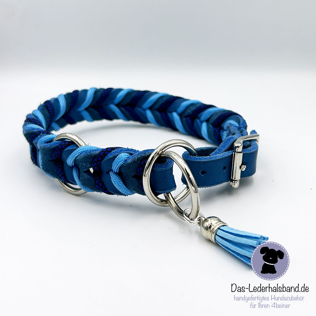 Fettlederhalsband mit Paracord Azurblau-dunkelblau | Deluxe Edition