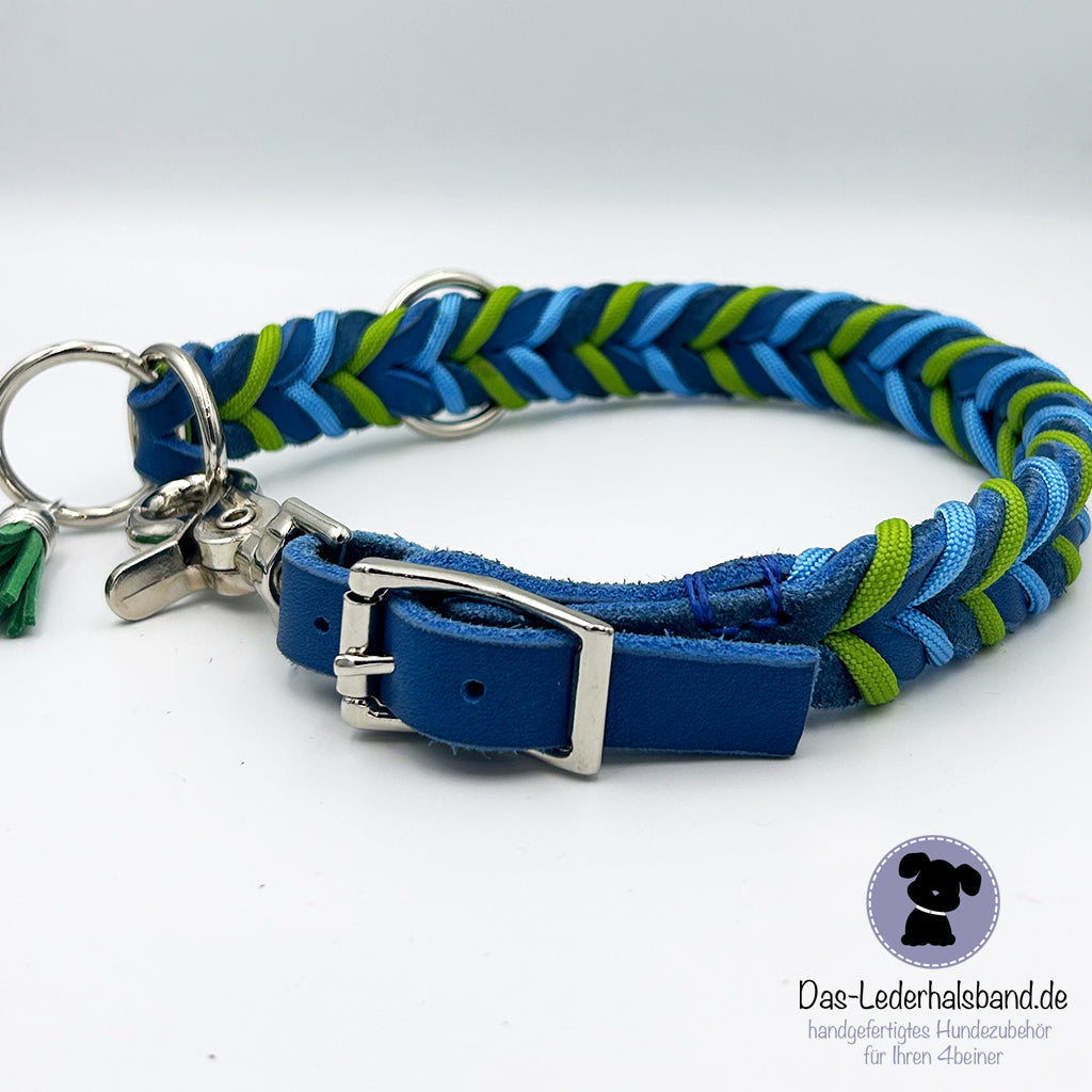 Fettlederhalsband mit Paracord Azurblau-grün-blue | Deluxe Edition