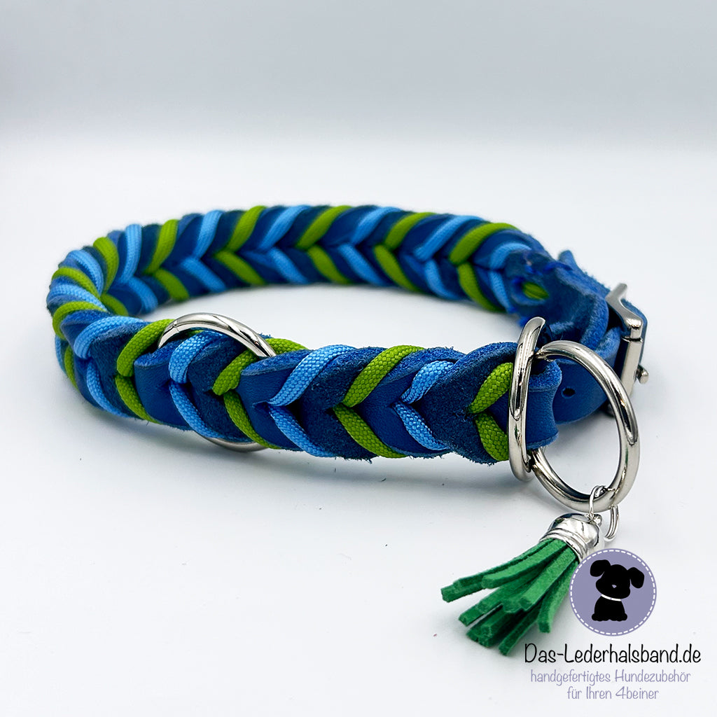Fettlederhalsband mit Paracord Azurblau-grün-blue | Deluxe Edition