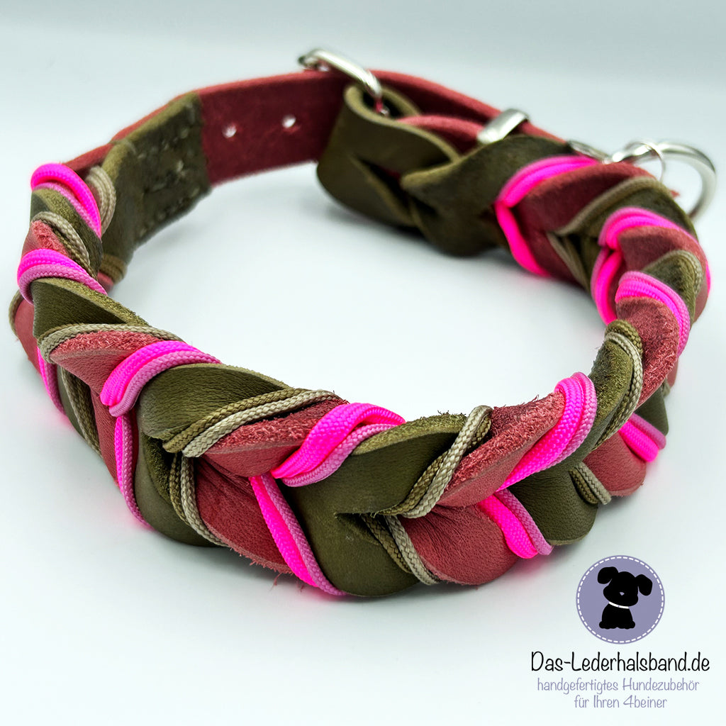 Fettlederhalsband mit Paracord altrosa-oliv | Deluxe Edition