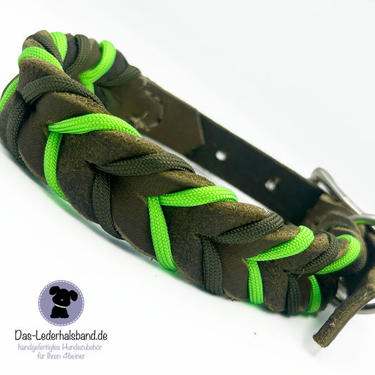Sofortkauf: Lederhalsband Oliv-Neongrün - 28-38cm