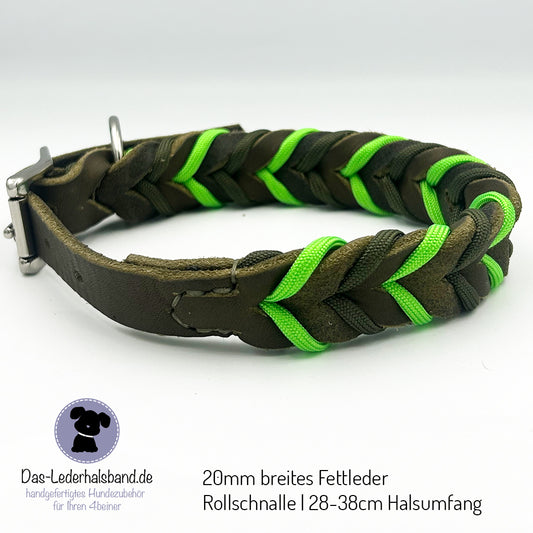Sofortkauf: Lederhalsband Oliv-Neongrün - 28-38cm