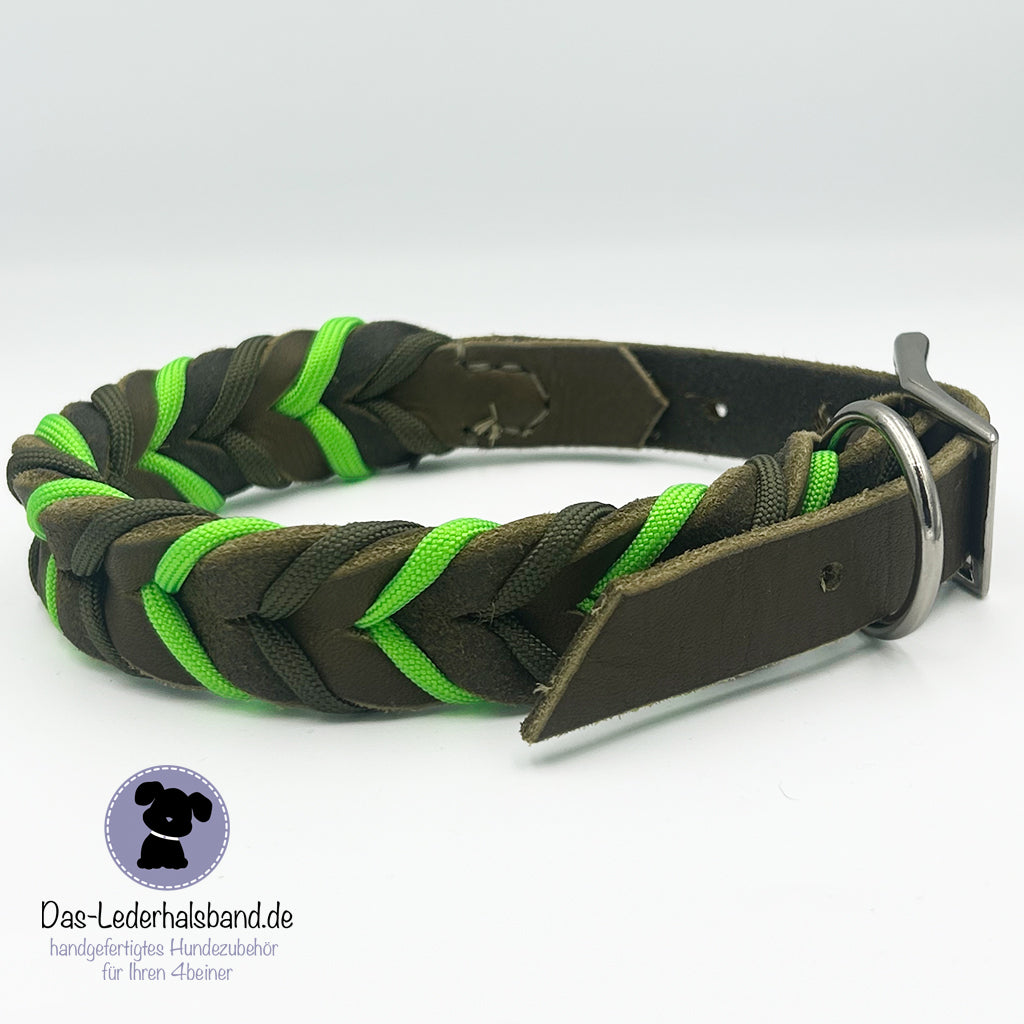 Sofortkauf: Lederhalsband Oliv-Neongrün - 28-38cm