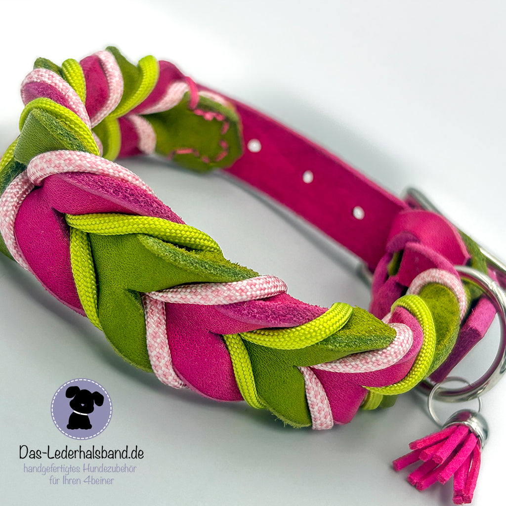 Fettlederhalsband Pink-Kiwigrün mit Paracord | Deluxe Edition