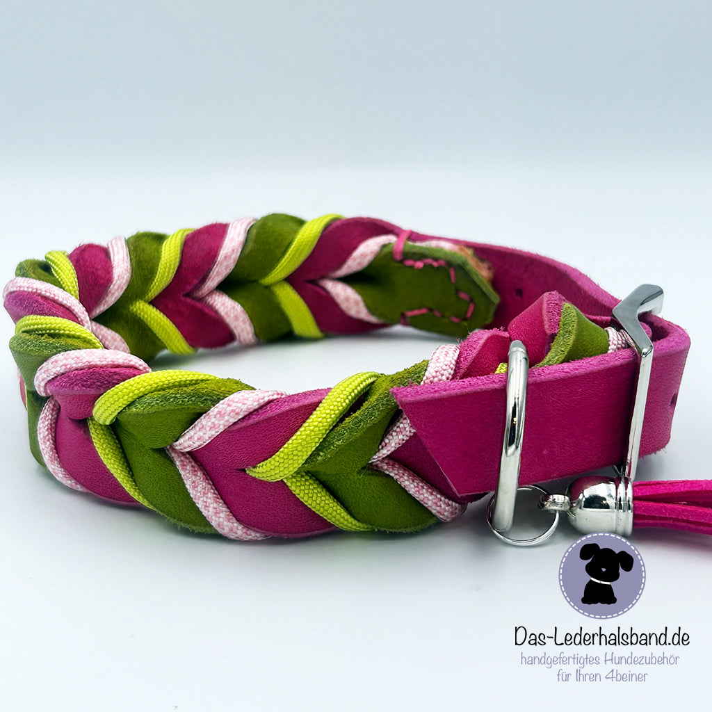 Fettlederhalsband Pink-Kiwigrün mit Paracord | Deluxe Edition