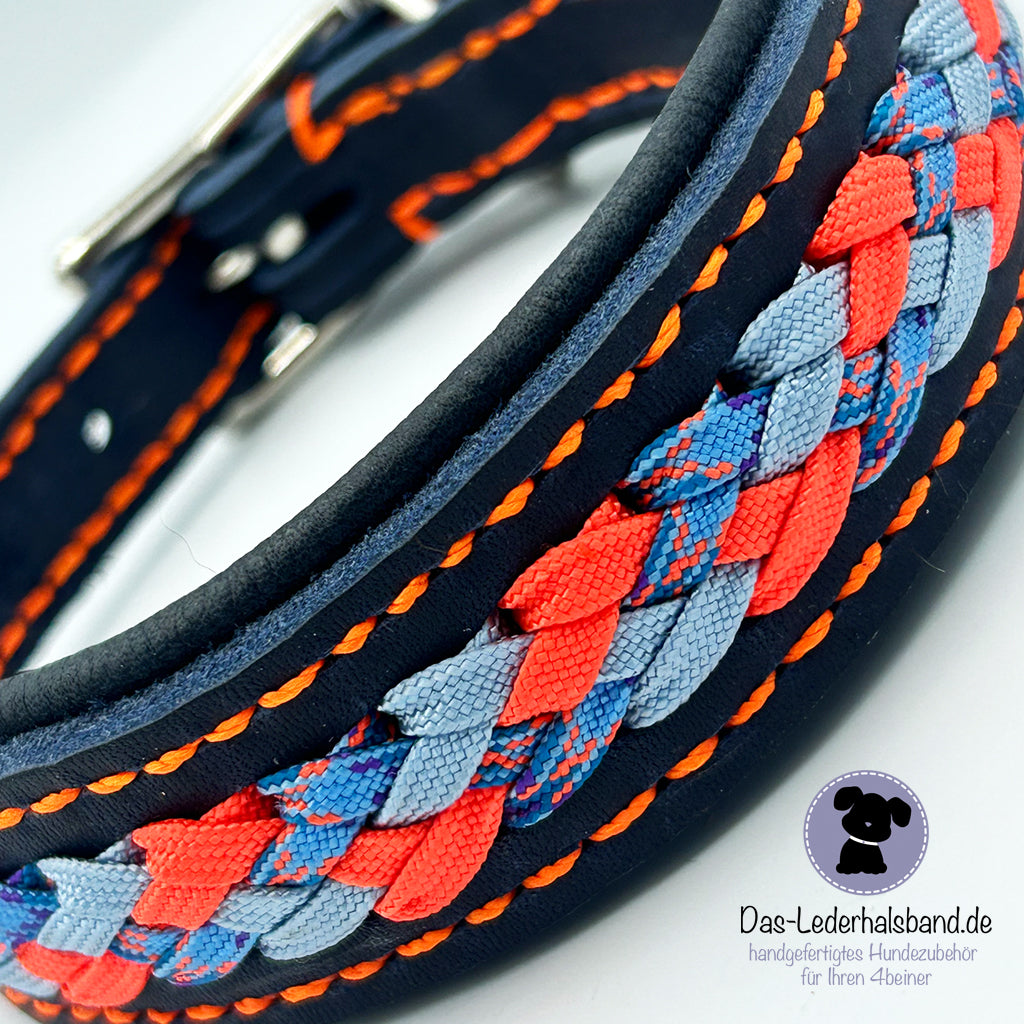 genähtes Fettlederhalsband mit Aufflechtun-dunkelblau-neonorange