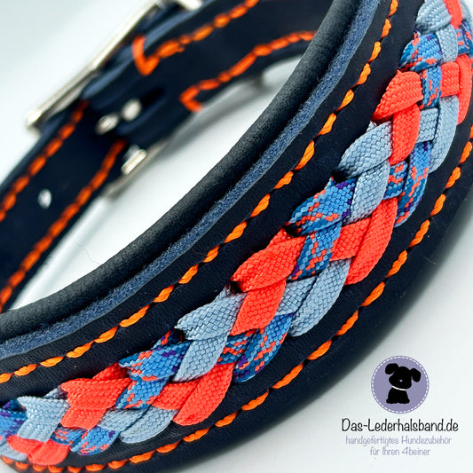 genähtes Fettlederhalsband mit Aufflechtun-dunkelblau-neonorange