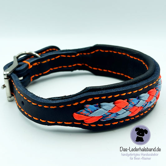 genähtes Fettlederhalsband mit Aufflechtun-dunkelblau-neonorange Seitenansicht