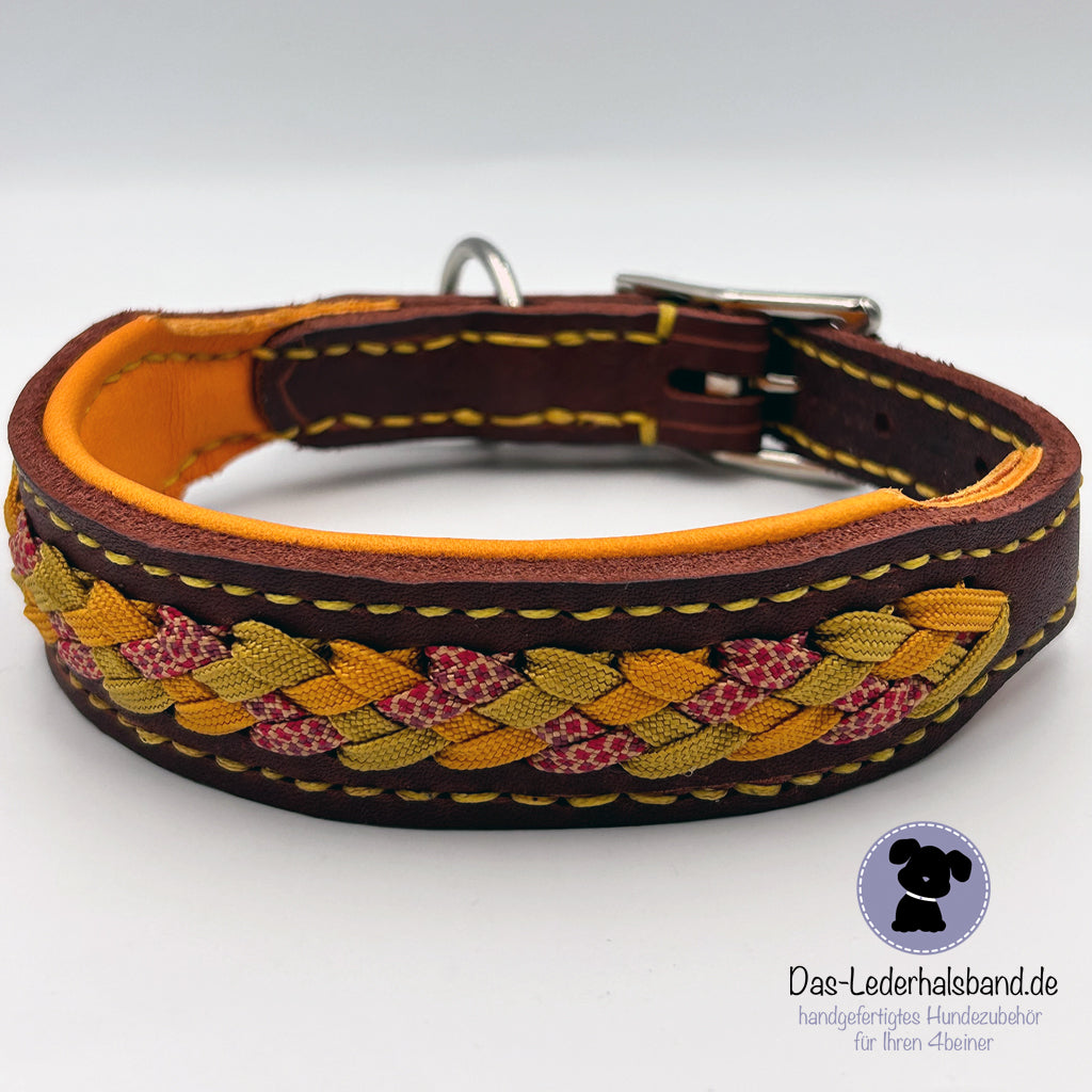Fettlederhalsband mit Aufflechtung "Herbst" rostrot