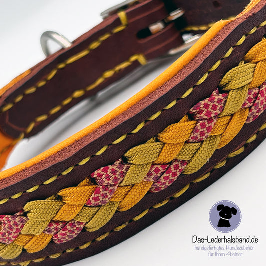 Fettlederhalsband mit Aufflechtung "Herbst" rostrot