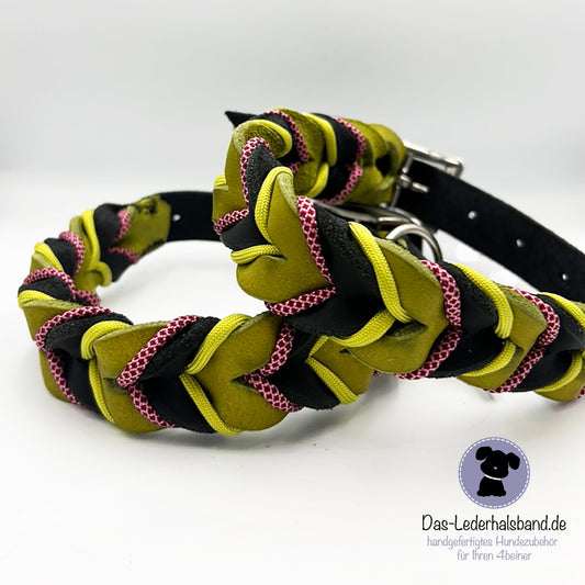 Fettlederhalsband Schwarz-Kiwi mit Paracord | Deluxe Edition