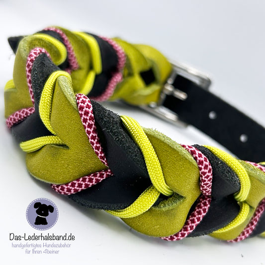 Fettlederhalsband Schwarz-Kiwi mit Paracord | Deluxe Edition